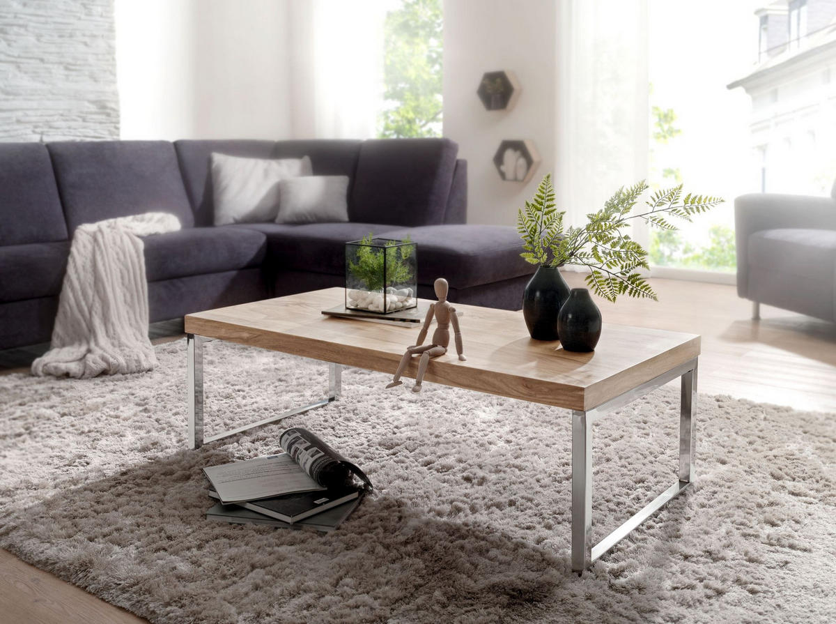 COUCHTISCH Massivholz mit Chromfüßen Handgefertigt, Beige 120x60x40 cm - Beige/Silberfarben, Holz/Metall (60/120/40cm) - KADIMA DESIGN