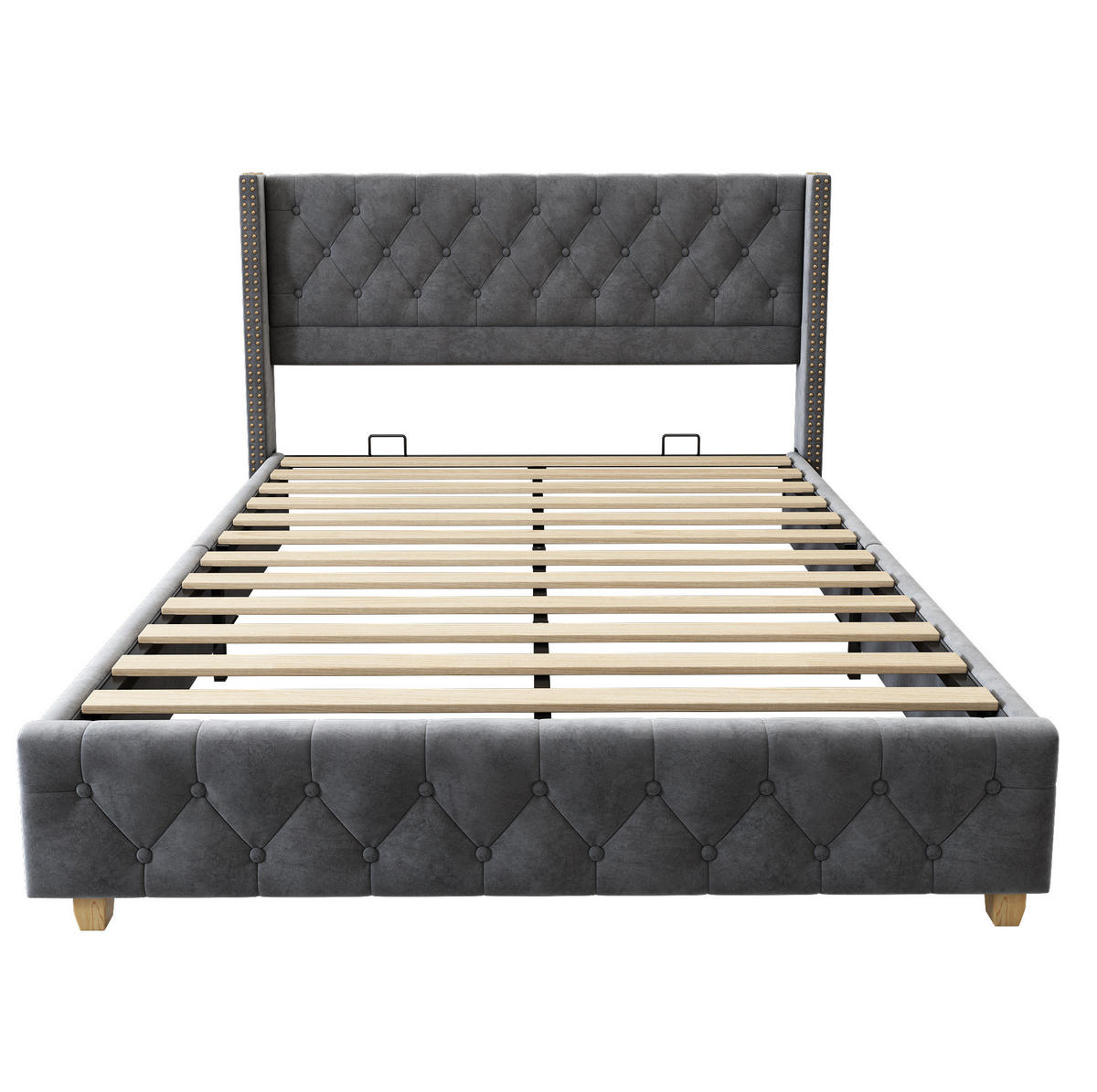 POLSTERBETT 160/200 cm mit Lattenrost, Knopfheftung und Nietenbesatz aus Samt, Grau - Grau, Textil (160/200cm) - Redom