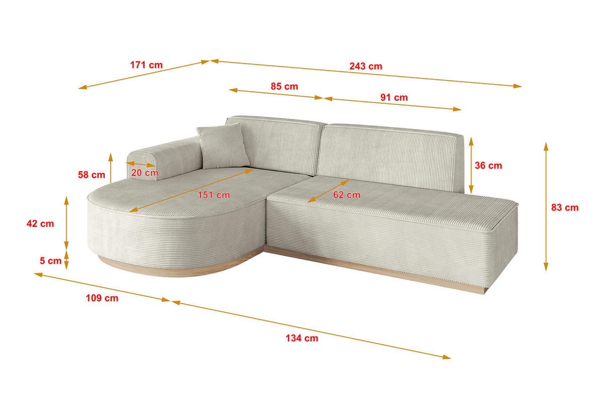 ROHOVÁ SEDAČKA s otomanem, levá ARRIO-L1 243x171x83 Krémová Manšestr - černá/krémová, kompozitní dřevo/textil (243/171cm) - ALTDECOR