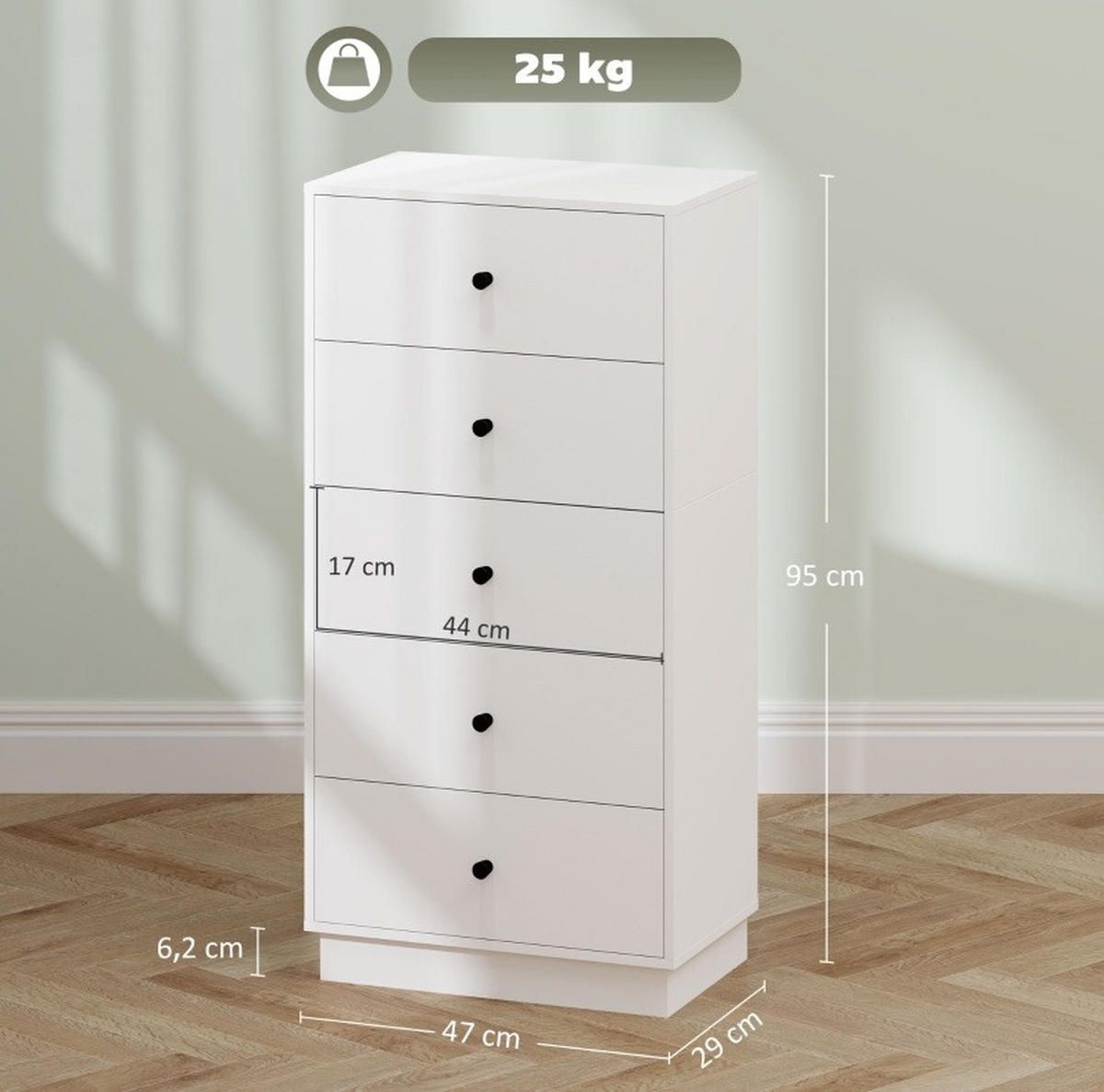 KOMMODE aus Holzwerkstoff 47x29x95 cm Weiß mit 5 Schubladen und Anti-Kipp-Schutz, modernes Design - Weiß, Holzwerkstoff (47/95/29cm) - Modfu