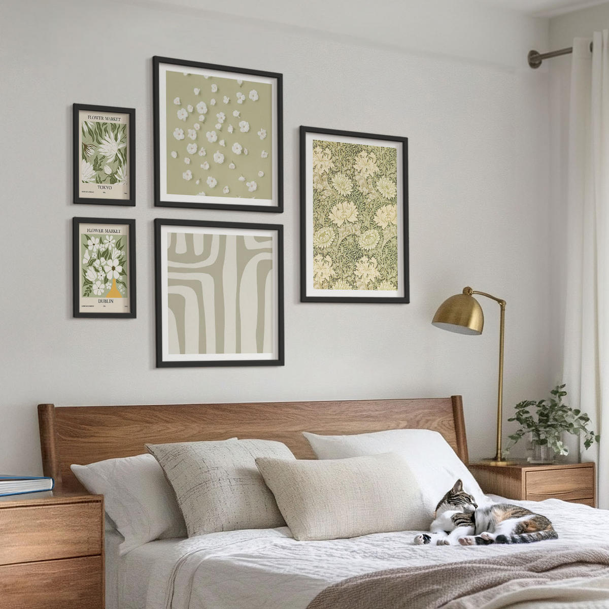 BILDER SET 5er Set - 50x50 cm & 20x30 cm & 40x60 cm Schwarzer Rahmen - Boho-Pflanzenkompositionen in Pastellfarben - Schwarz, Kunststoff (40/60cm) - TULUP