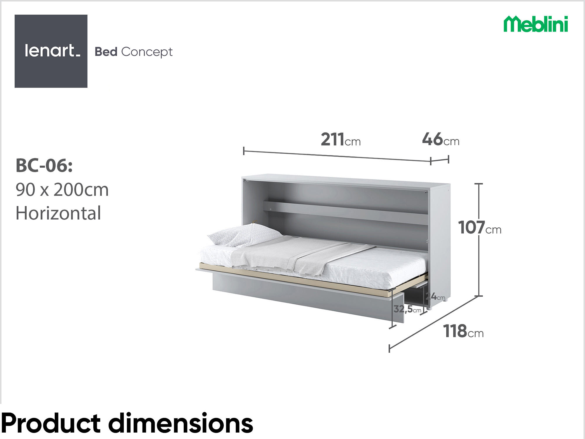 SCHRANKBETT BC-06 - 90x200cm Horizontal - Grau Matt mit Matratze - Grau, Holzwerkstoff (200/90cm) - Meblini