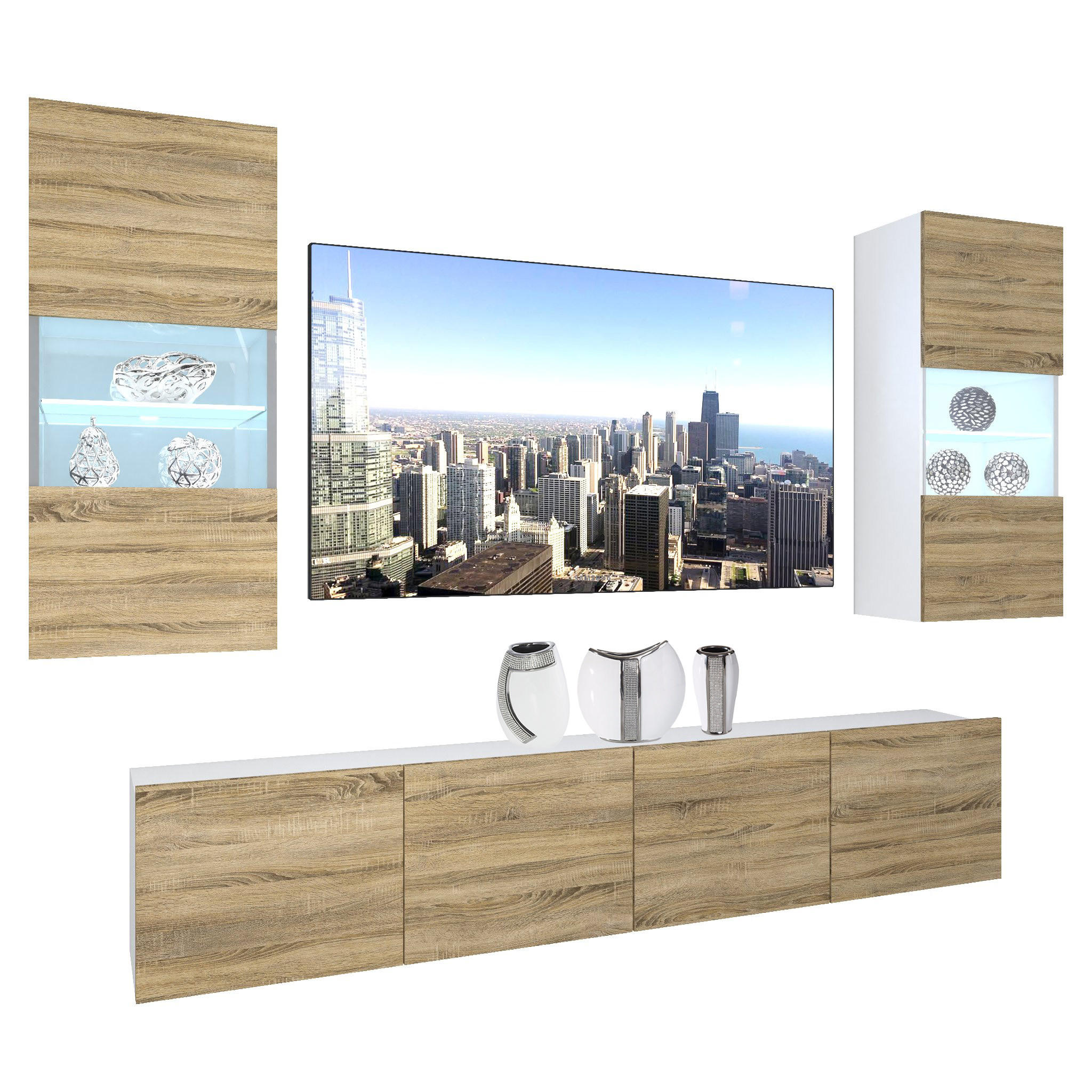 WOHNZIMMERWAND Schrankwand mit LED Sonoma Eiche - Beige, Holz (200/180/36cm) - B BELINI GROUP