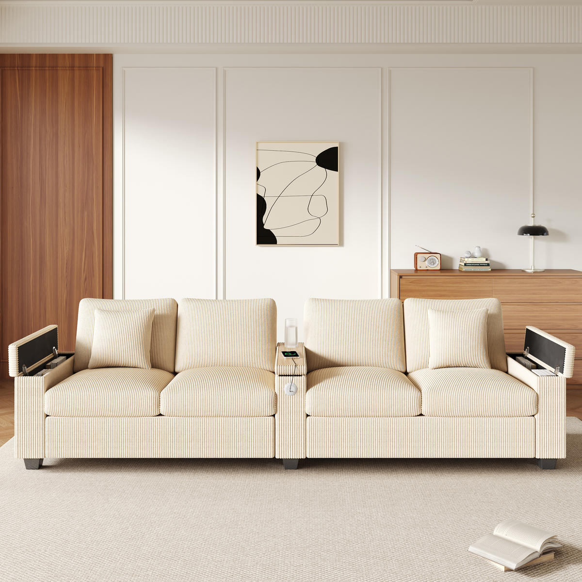 4-SITZER SOFA Cord Beige mit USB, USB-C und Stauraum - Beige, Holzwerkstoff/Kunststoff (299/82.7/80cm) - WISHDOR