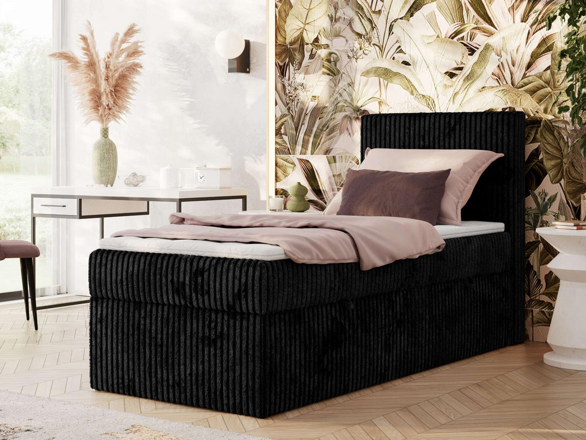 BOXBETT TILIANO 90/200 - Schwarz Cord - H4 - Visco Topper - Rechts - Schwarz, Textil (90/200cm) - MKS