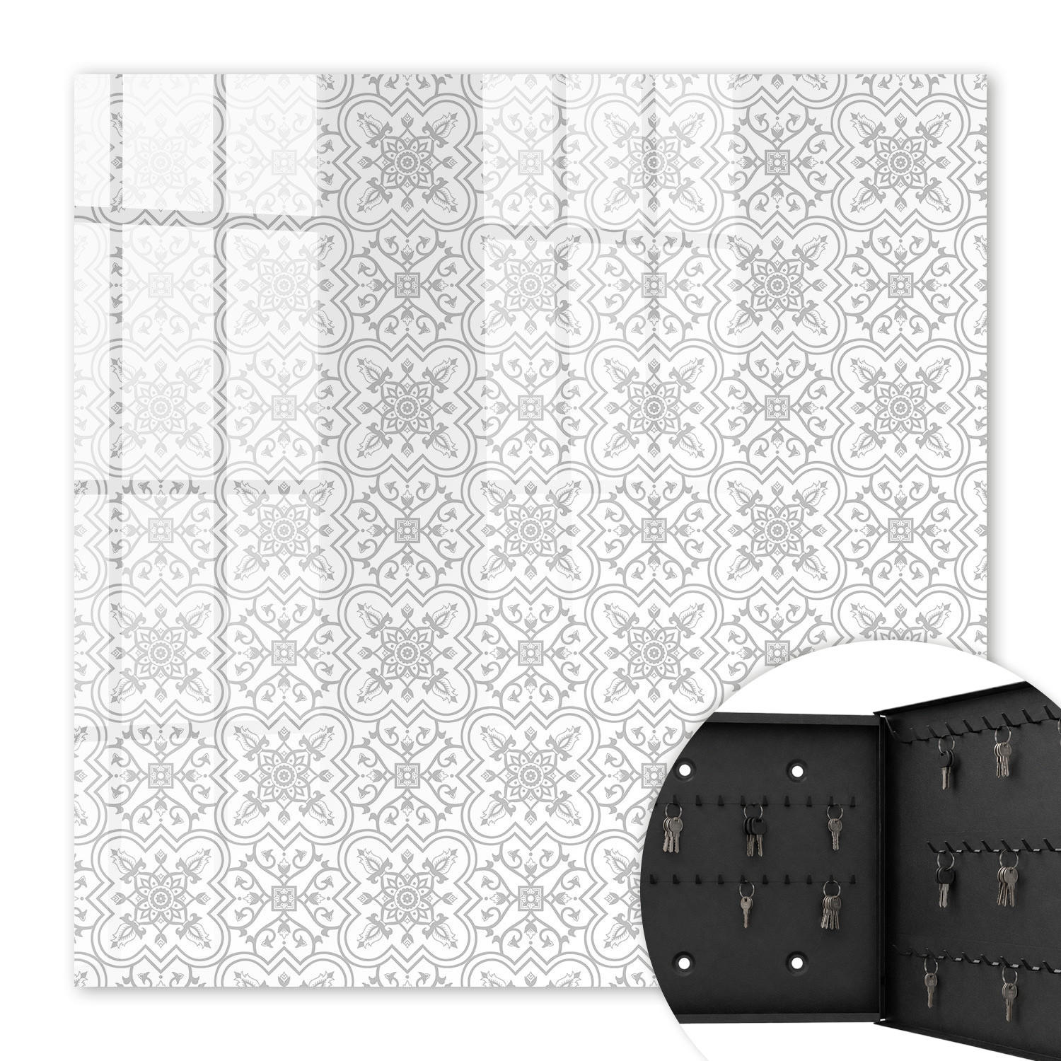 SCHLÜSSELBOX Schwarz 30x30 cm- Türöffnung nach rechts - Geometrisches Muster - Weiß, Metall (30/30/5cm) - TULUP