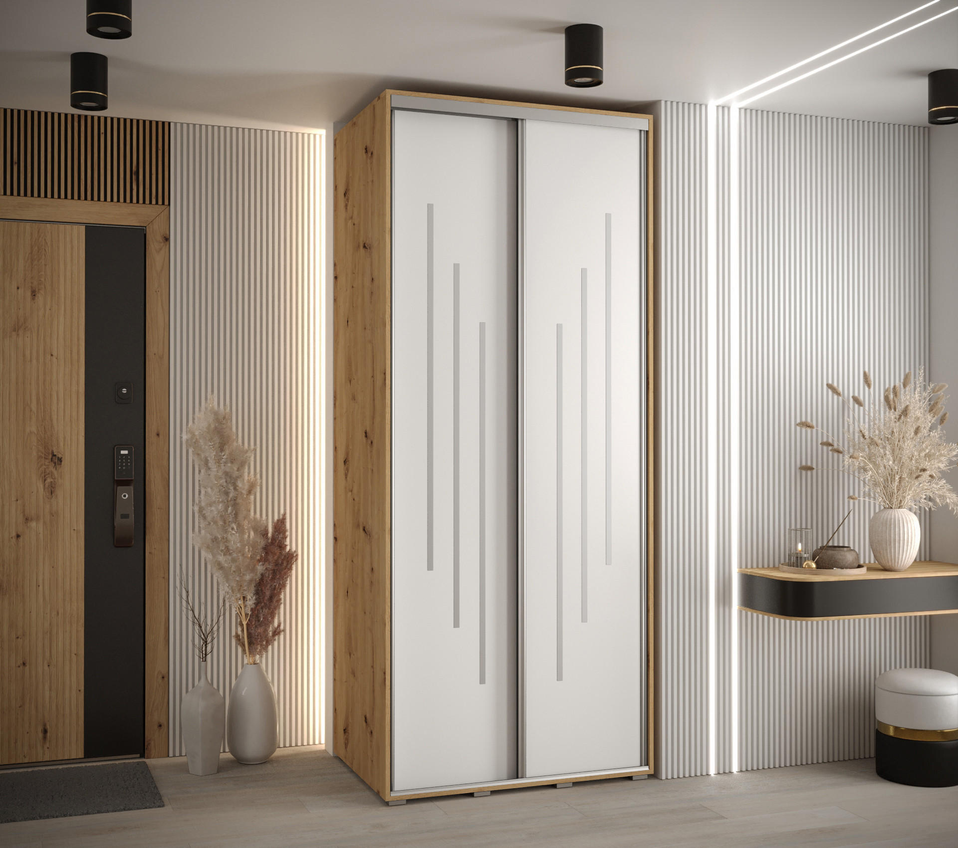 Thumbnail - Abiks Möbel Schwebetürenschrank, Eiche Artisan, Weiß, Silber, Metall, Nachbildung, 6 Fächer, 100x235x45 cm, Schlafzimmer...