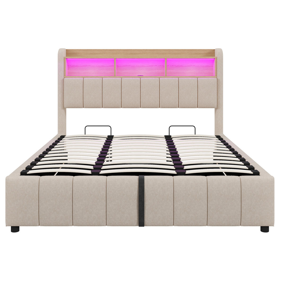 ČALOUNĚNÁ postel 180/200 cm béžová z lněné tkaniny s LED osvětlením, USB a úložným prostorem - béžová, textil (180/200cm) - OKWISH