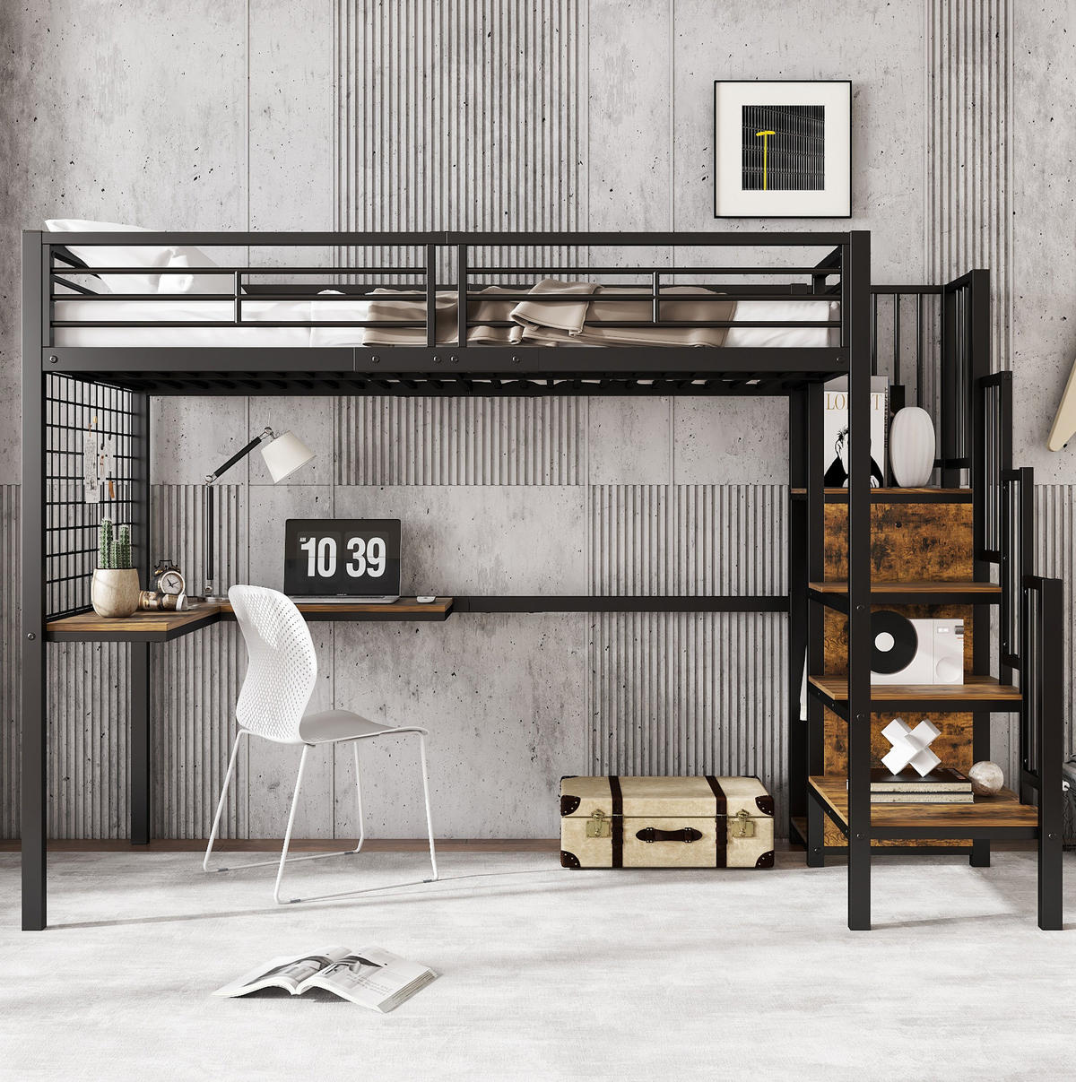 HOCHBETT 90/200 cm mit Schreibtisch und Kleiderschrank in Schwarz/Dunkelholz - Schwarz, Holzwerkstoff (90/200cm) - BEAOK