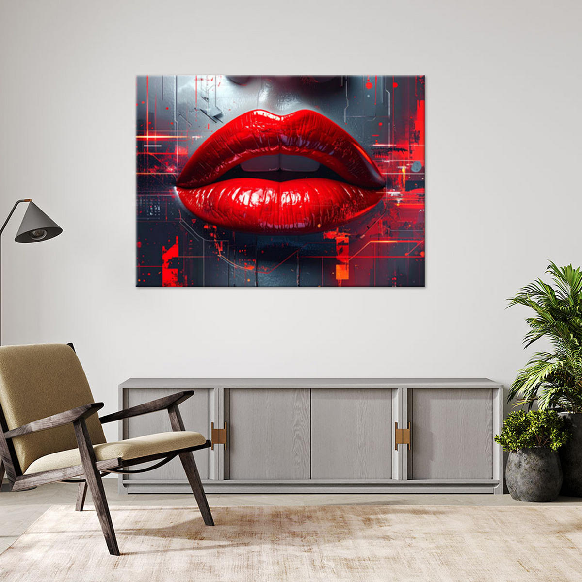 WANDBILD, Rote Lippen vor einem modernen abstrakten Hintergrund - Rot, Textil (30/20cm) - Feeby
