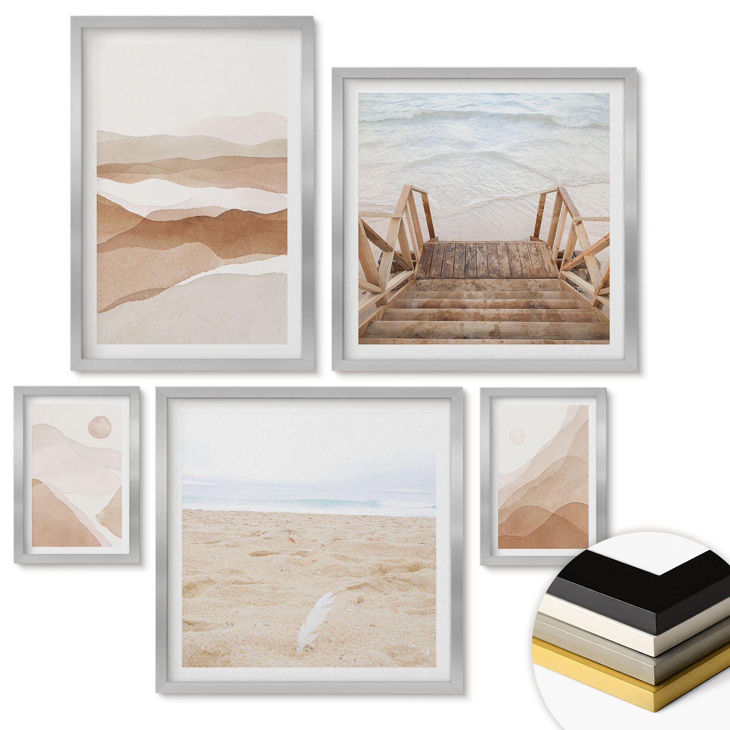 WANDBILDER 5er Set - 50x50 cm & 20x30 cm & 40x60 cm Silberner Rahmen - Abstrakte braune Landschaften - Silberfarben, Kunststoff (40/60cm) - ArtPrintCave