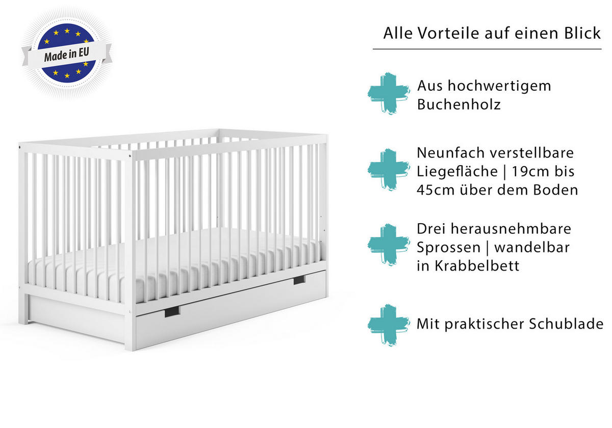 KINDERBETT Leni mit Schublade - Weiß, Holz (60/120cm) - Kids Collective