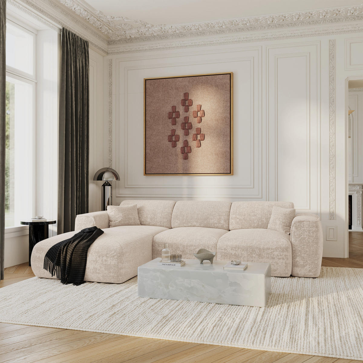 ECKSCHLAFSOFA Geprägter Samt Creme 283cm - Creme, Textil (283/180cm) - Sia Home