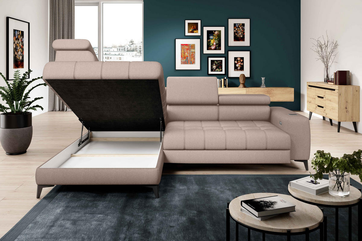 ECKSOFA BAGGIO Letto Stoff, Schlaffunktion, Bettkasten, Sitztiefe, Kopfstützen 280x196cm – Links – Beige - Beige, Holz/Textil (196/280cm) - DomoHome