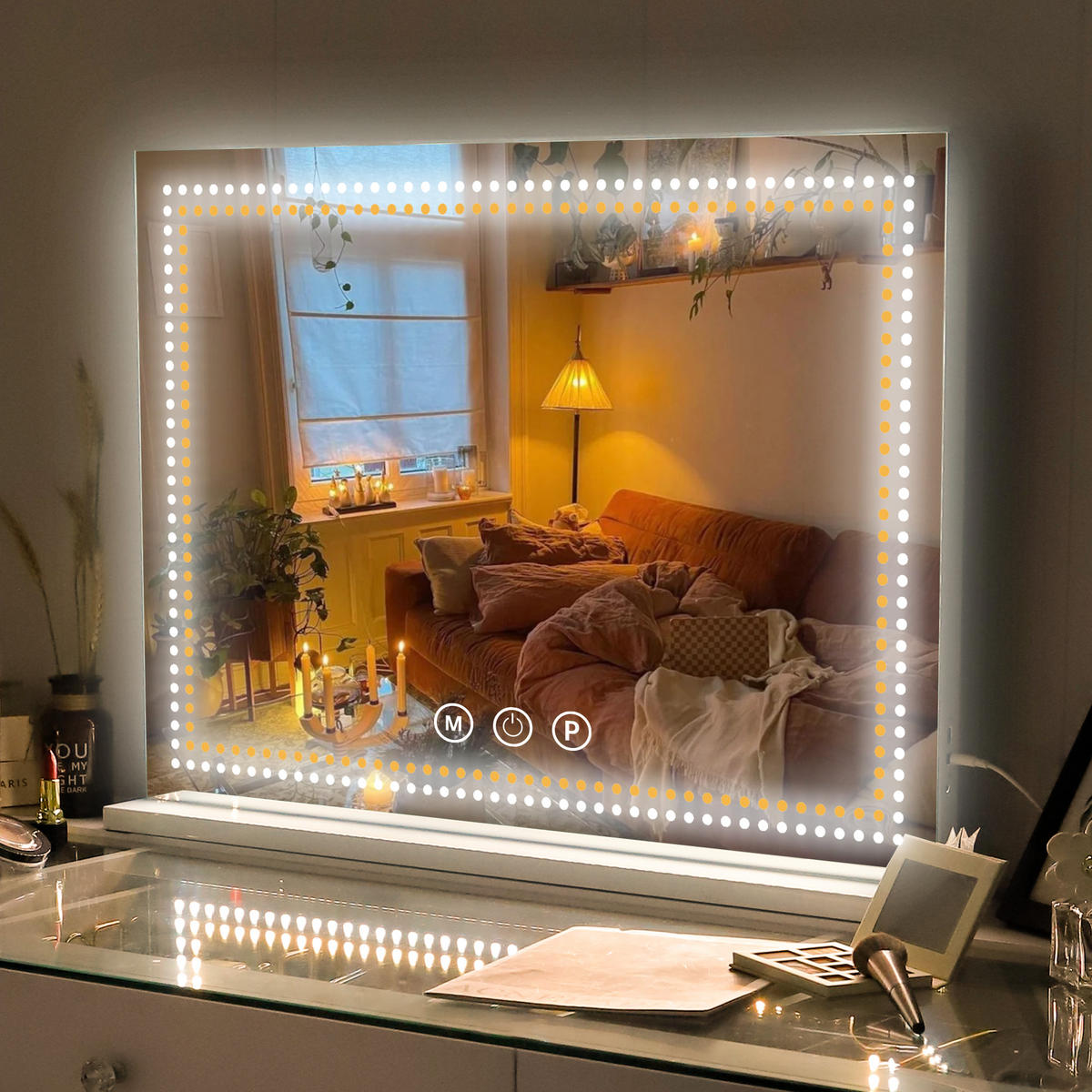 SCHMINKSPIEGEL mit Lichtstreifen LEDs Beleuchtung Glühbirne weiß 80/58 cm - Weiß, Metall (80/58/3cm) - VANITII