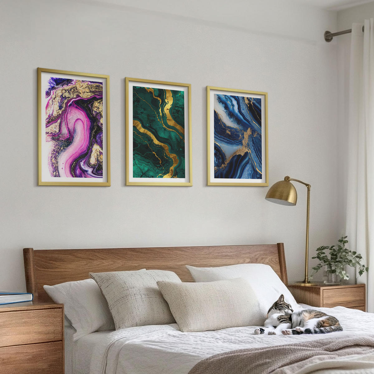 WANDBILDER 3er Set - 40x60 cm Goldrahmen - Abstrakte rosagrüne Muster - Goldfarben, Kunststoff (40/60cm) - ArtPrintCave