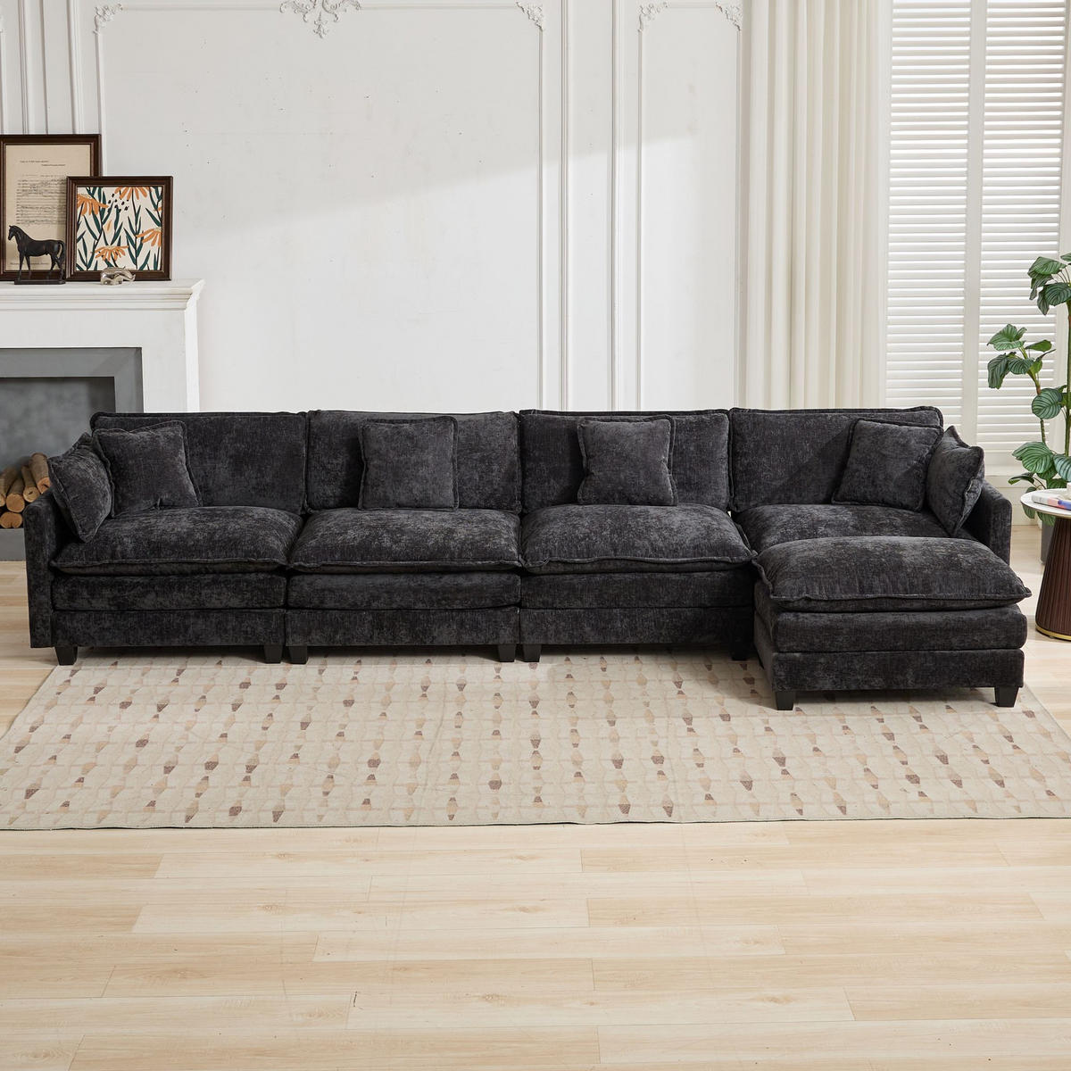 SOFA 4-Sitzer aus Chenille mit flexiblem Moduldesign, schwarz - Schwarz, Textil (75/84/380cm) - Luhomfu