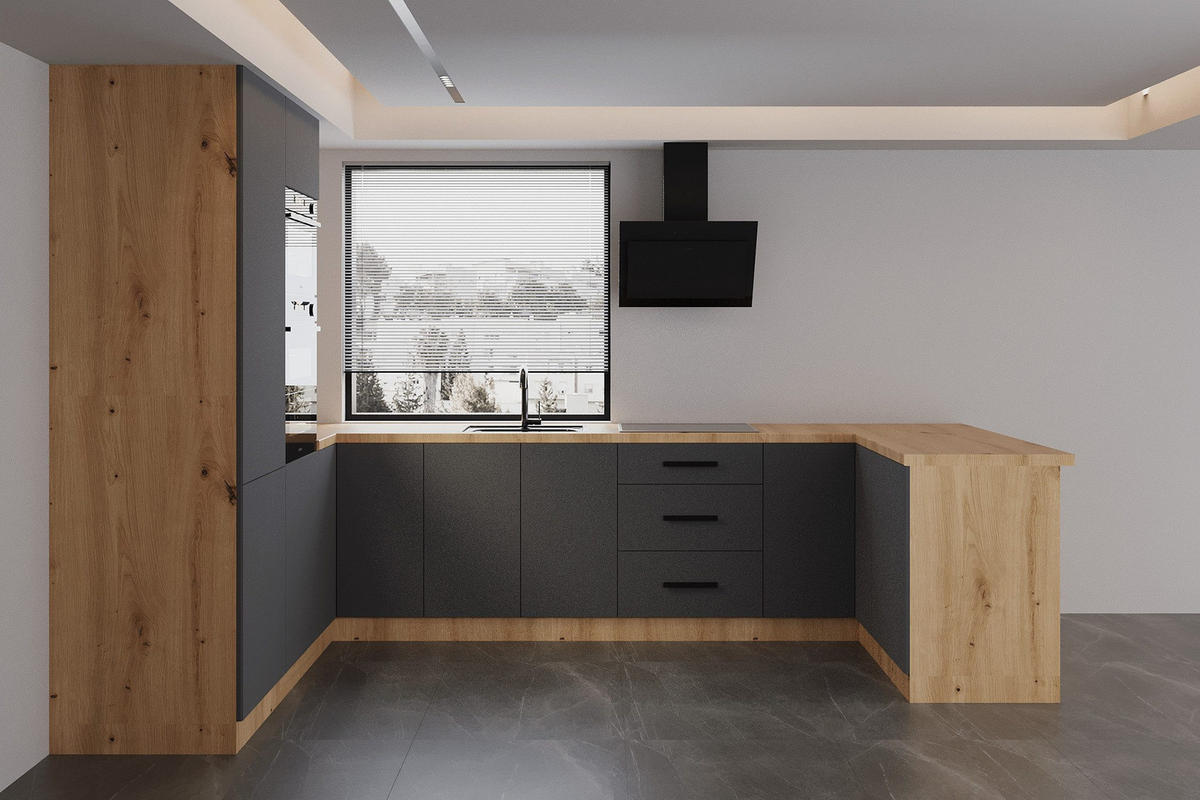 ECKKÜCHE 210 x 320 x 150 cm – Nexa K103-G680 – in Grau / Matt - Schwarz/Grau, Holz/Metall (320/212/58cm) - ROYAL24_MARKT