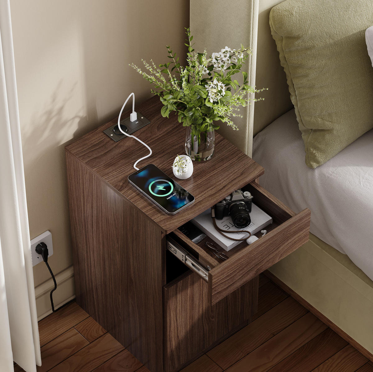 NACHTTISCH aus MDF 40x33x61,5 cm Braun mit USB-A, USB-C, Steckdose, Schublade und Mülleimer - Braun, Holzwerkstoff (33/61.5/40cm) - Modfu