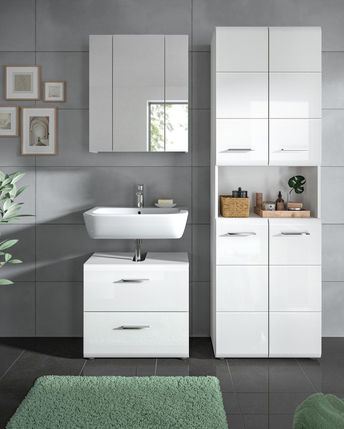 WASCHBECKENUNTERSCHRANK weiß Hochglanz, Badezimmer Unterschrank 60 cm - Weiß Hochglanz/Schwarz, Holzwerkstoff/Kunststoff (60/54/30cm) - Inn.Furn