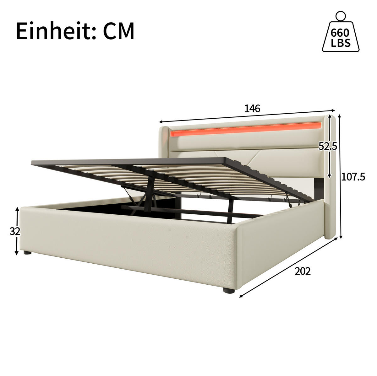 POLSTERBETT 140/200 cm mit LED-Beleuchtung, hydraulischem Bettkasten und Matratze, Weiß - Weiß, Kunststoff (140/140cm) - Redom