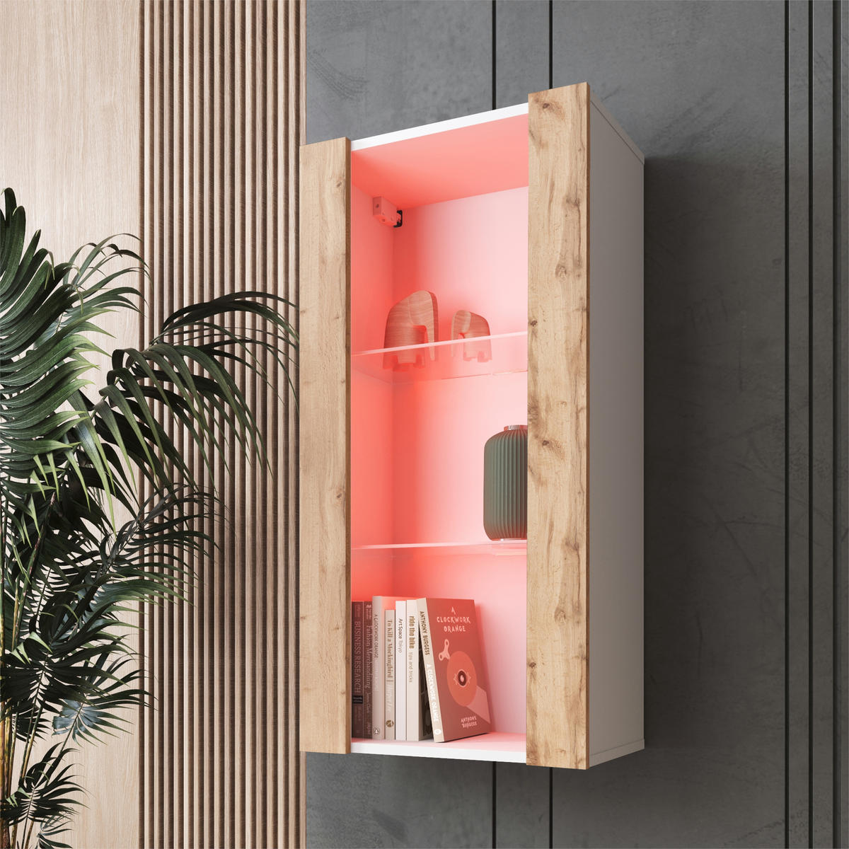 HÄNGEVITRINE TIVOLI Vertical 100, Wotan, LED Mehrfarbige - Eiche Wotan/Weiß, Glas/Holzwerkstoff (50/100/29.5cm) - Komodee