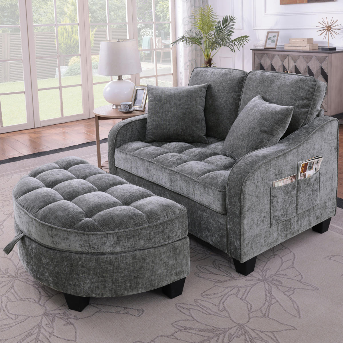 SCHLAFSOFA 2-in-1 mit Hocker und Stauraum, Dunkelgrau - Dunkelgrau, Holz (132/93/129cm)