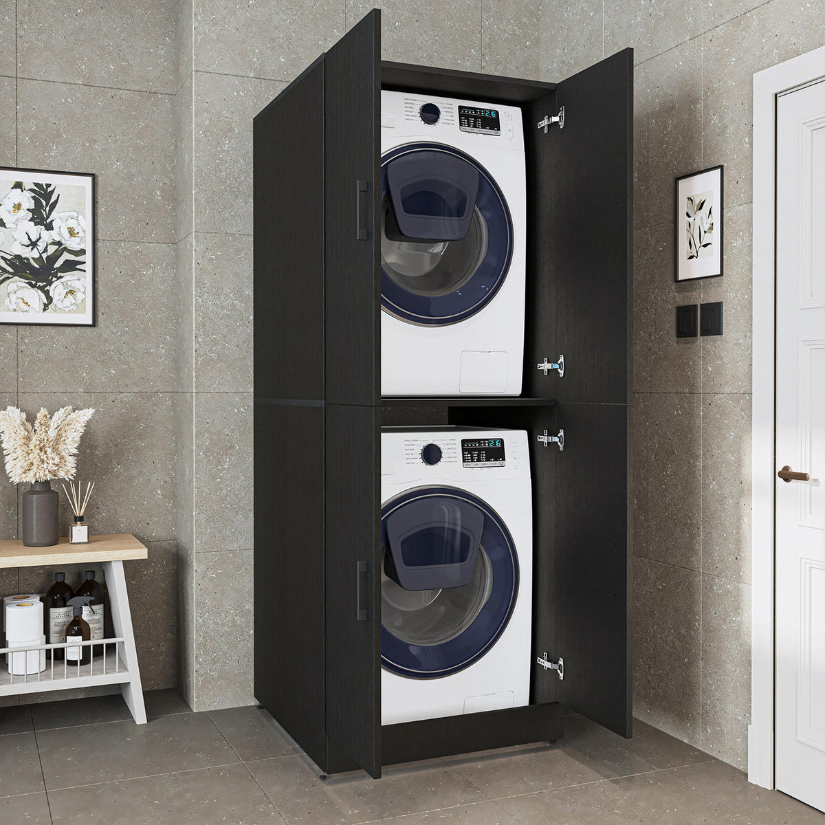 WASCHMASCHINENSCHRANK DORA-II 70cm Breit - Schwarz, Holzwerkstoff (70/186/74cm)
