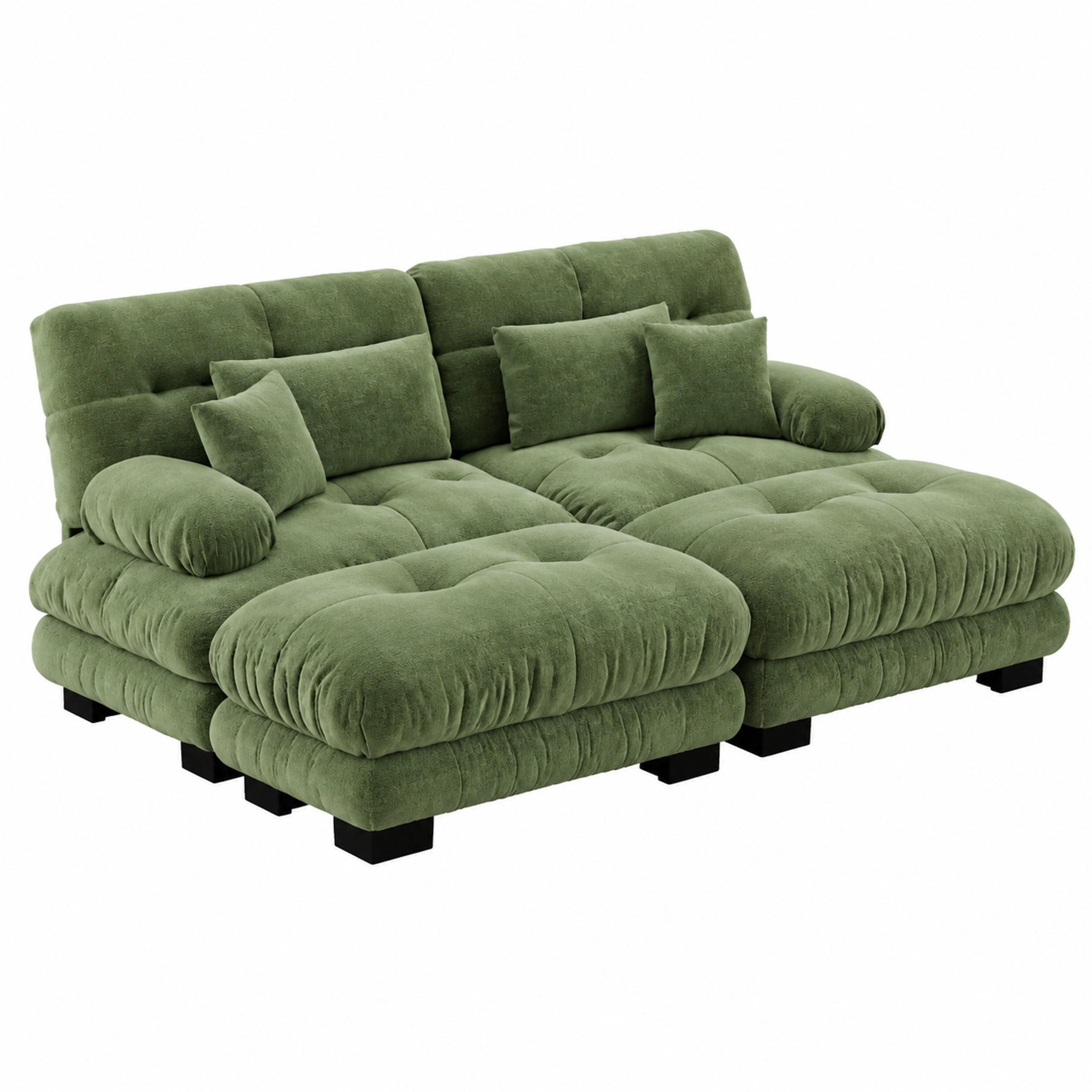 SOFA modular Chenille Green mit 2 Ottomans und 4 Kissen - Grün, Kunststoff (145/81/220.1cm) - Meubliv