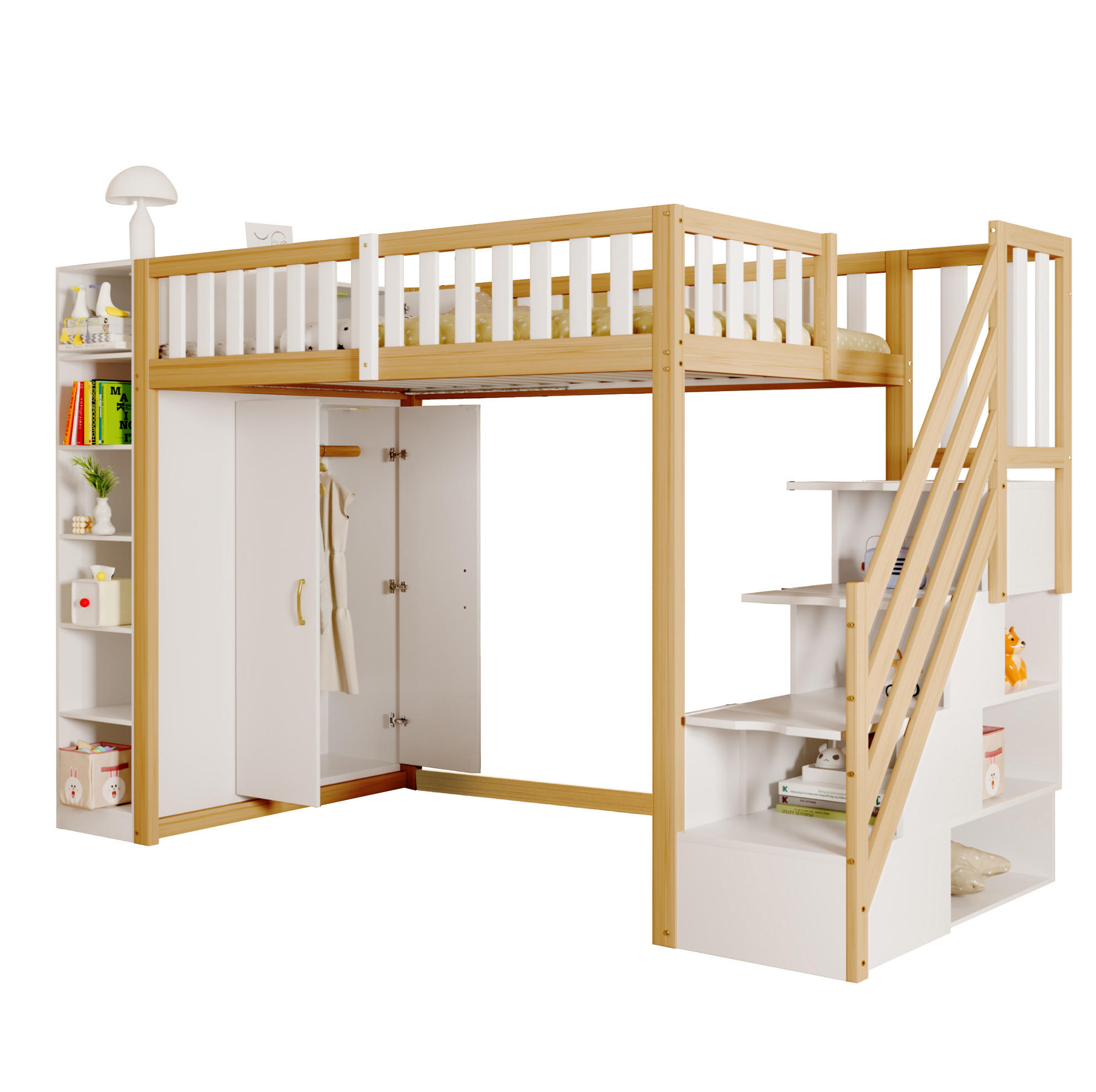 HOCHBETT 90/200 cm in Weiß/Natur mit Kleiderschrank, Regalen und Leiter - Weiß, Holzwerkstoff (90/200cm) - BEAOK