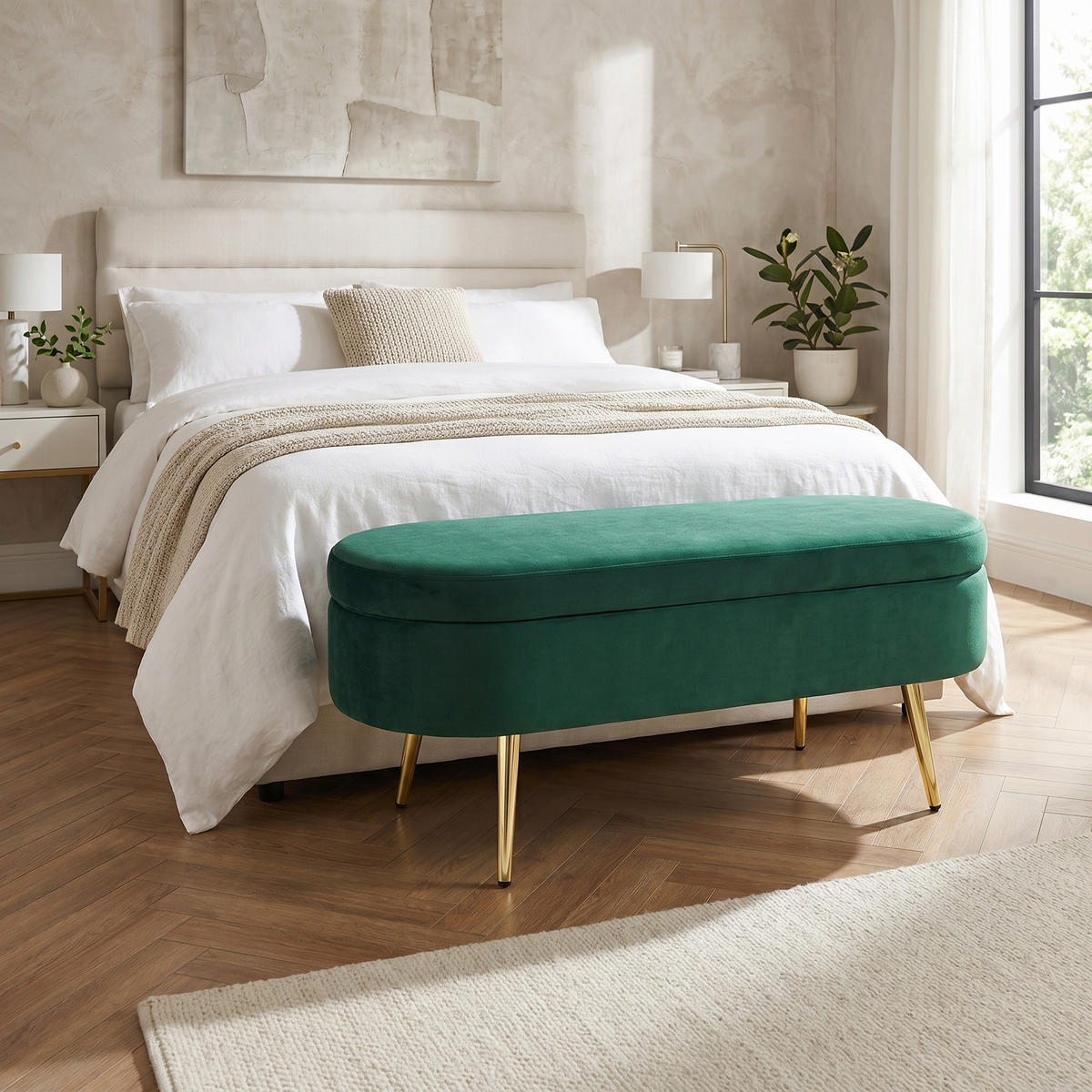 AUFBEWAHRUNGSTRUHE velvet & gold 110 cm - Dunkelgrün, Textil (110/42/40cm) - Urban Meuble