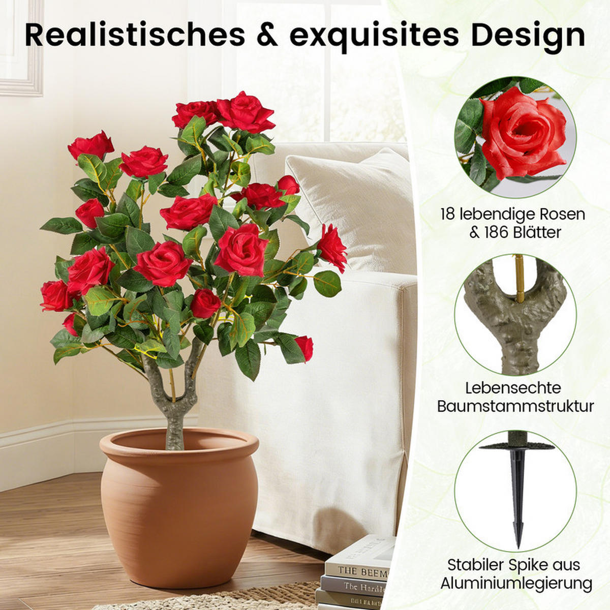 KÜNSTLICHE ROSEN mit Erdspieß rot(2er-Set) - Rot, Kunststoff (80cm) - COSTWAY
