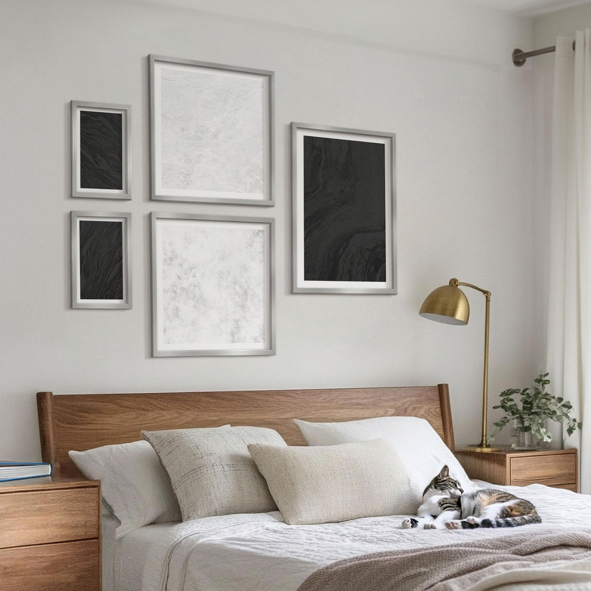 WANDBILDER 5er Set - 50x50 cm & 20x30 cm & 40x60 cm Silberner Rahmen - Dunkles Licht, glamouröse Marmor - Silberfarben, Kunststoff (40/60cm) - ArtPrintCave