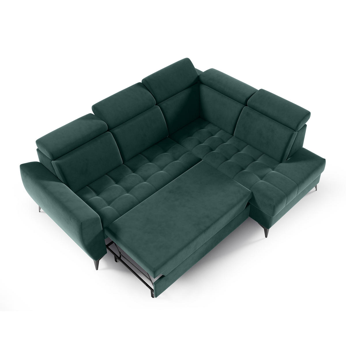 ECKSCHLAFSOFA Aurora II mit verstellbare Kopfstützen, Dunkelgrün, rechts - Dunkelgrün/Schwarz, Textil (266/204cm) - Beautysofa