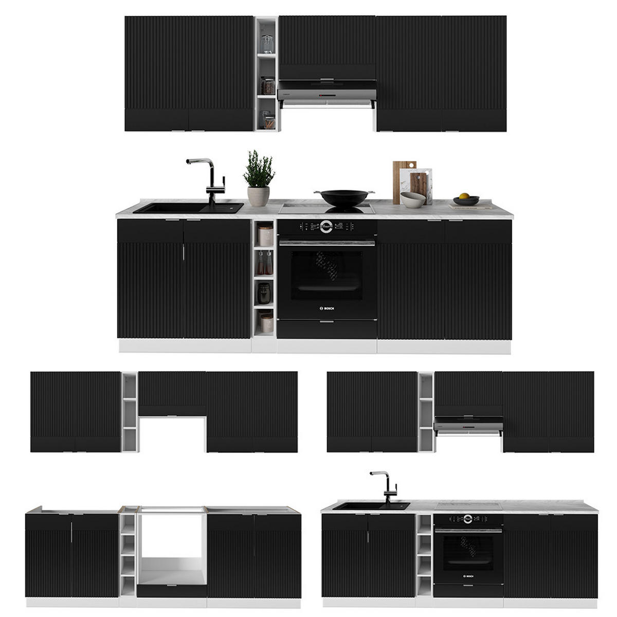 KÜCHENZEILE Fame-Line, Schwarz gestreift/Weiß, 235 cm, AP Eiche - Schwarz/Weiß, Holzwerkstoff (235/81.6/60cm) - Vicco