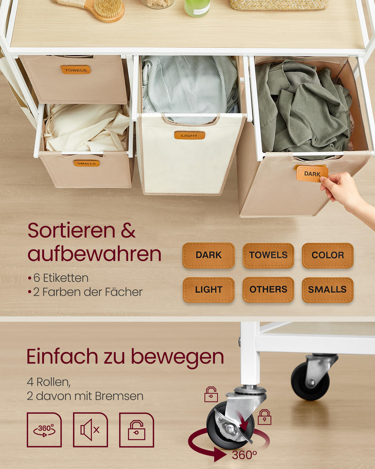 WÄSCHEKORB Babel - Beige, Metall (33/81/99cm) - VASAGLE