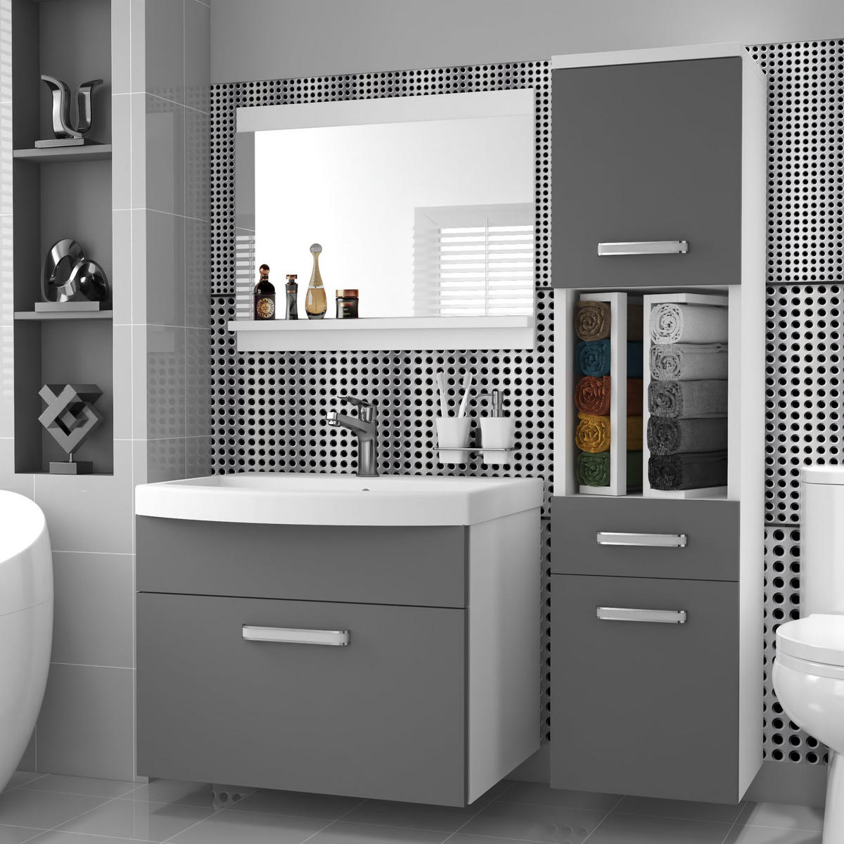 BADMÖBEL Badezimmer SET PRI M3, Grau Matt, 90 cm - Grau, Holz (38.7/113.5/90cm) - B BELINI GROUP