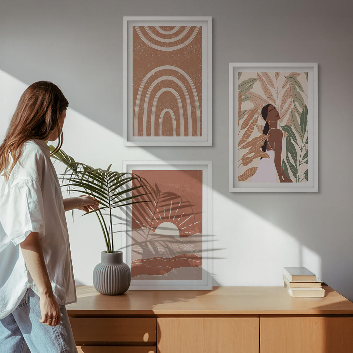 BILDER SET 3er Set - 40x60 cm Weißer Rahmen - abstrakte Formen im Boho-Stil - Weiß, Kunststoff (40/60cm) - TULUP
