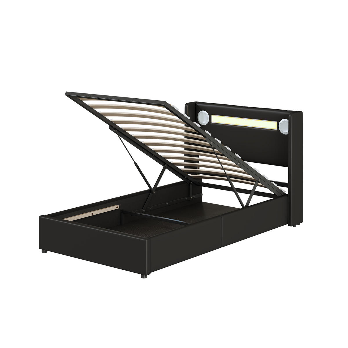 POLSTERBETT 90/200 cm schwarz mit LED-Beleuchtung und Bluetooth-Player - Schwarz, Kunststoff (90/200cm) - OKWISH