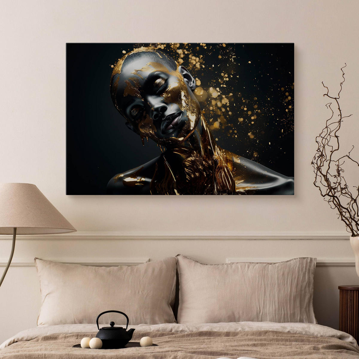 LEINWANDBILD für Wohnzimmer abstraktes Porträt Frau Glamour 100cm x 70cm - Beige/Schwarz, Textil (100/70cm) - Muralo