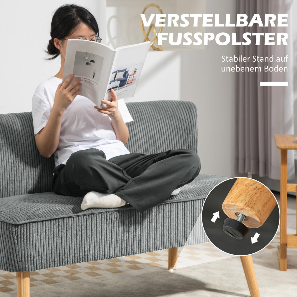 2 Sitzer Sofa, Gepolsterte Couch mit Kordoptik, Holzbeine für Wohnzimmer, Grau - Naturfarben/Grau, Holz/Textil (56.5/77/117cm) - HOMCOM