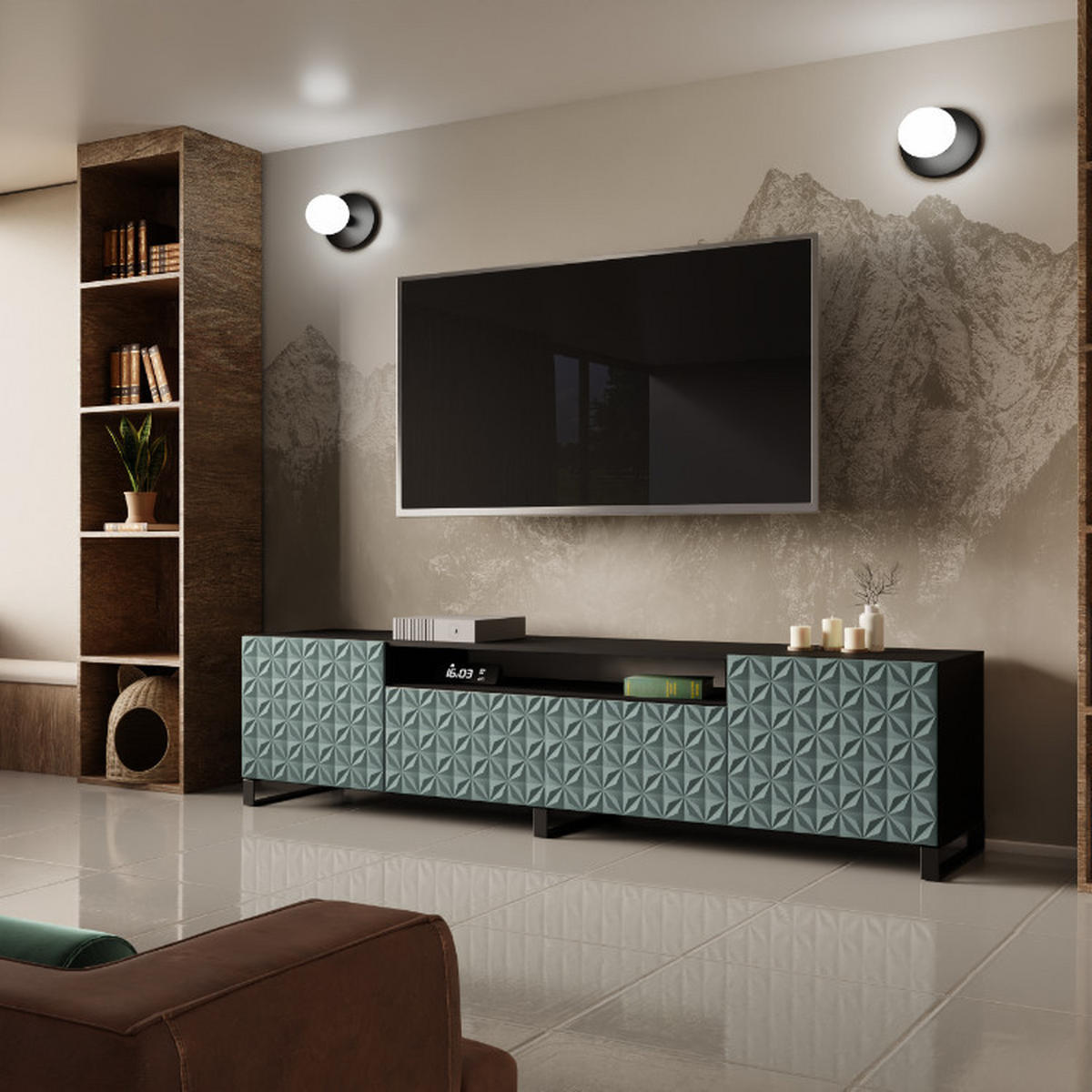 TV-SCHRANK Cali III 200 cm, dreitürig, schwarz, grün - Schwarz/Olivgrün, Kunststoff (200/53/41cm) - Margaret Hadas24