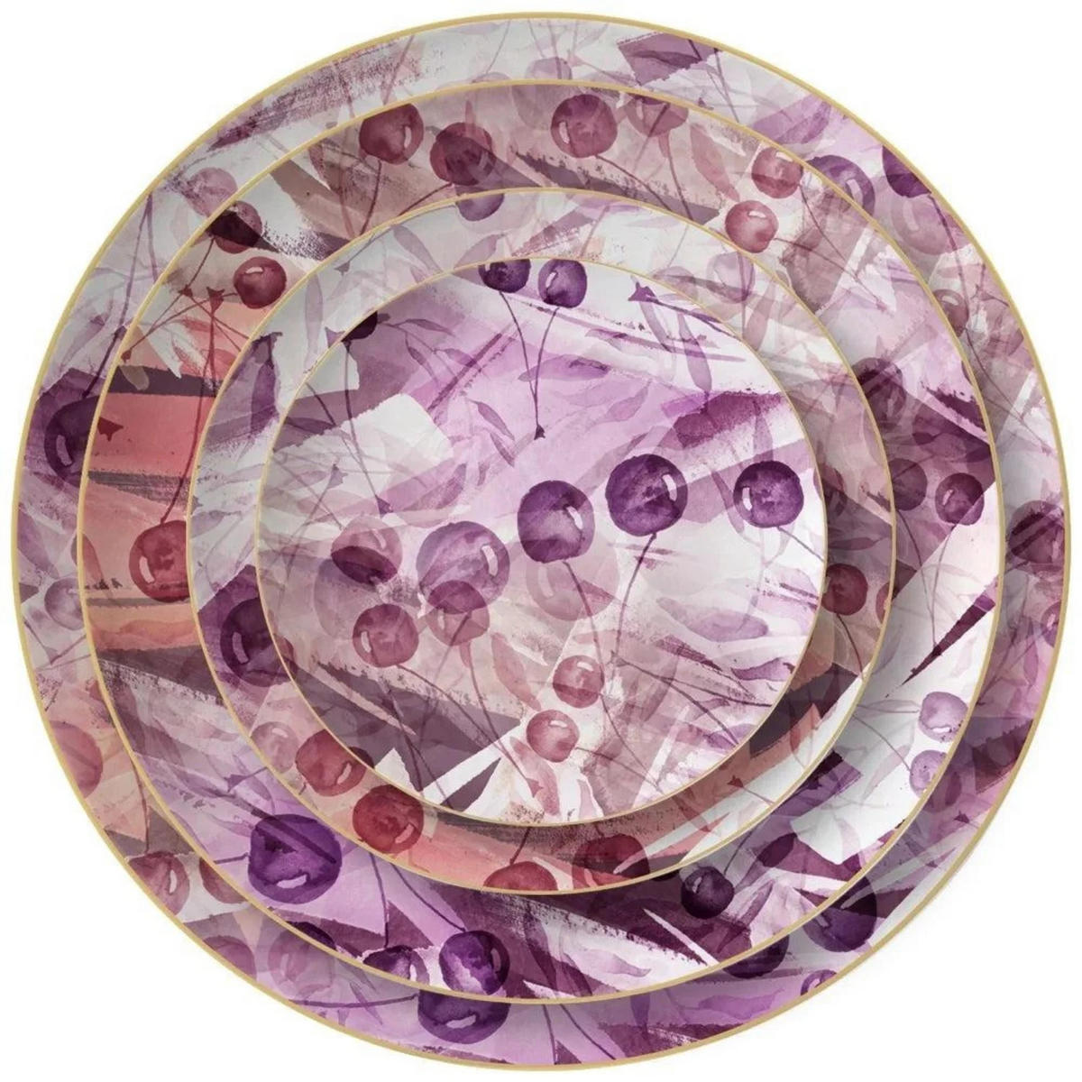 TELLERSET Lila Kirsche Bone China Lila Gold 4tlg Ø30 Ø26 Ø20 Ø16 cm - Weiß Hochglanz/Lila, Keramik (30/2/2cm) - Quality Elegance