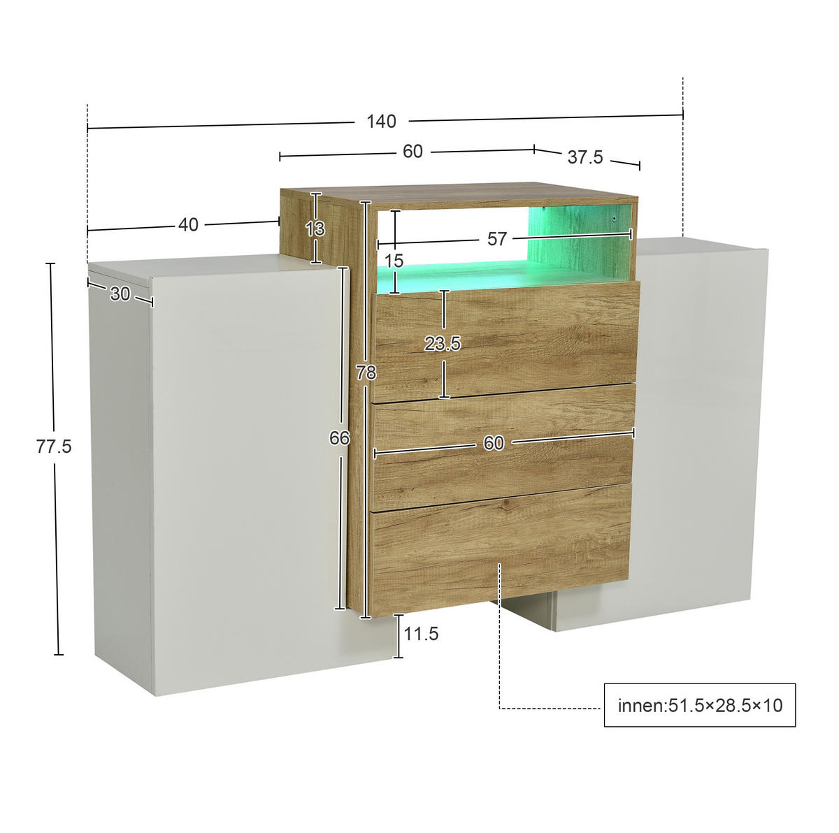 SIDEBOARD mit LED 140 cm MDF Weiß/Natur 2 Türen 3 Schubladen - Braun, Holzwerkstoff (30/77.5/140cm) - Meubliv