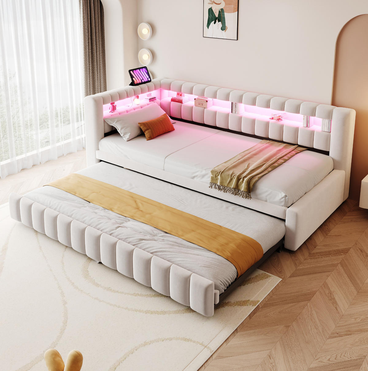 POLSTERBETT 90/200 cm aus Samt mit LED-Beleuchtung und USB-Anschluss, Beige - Beige, Textil (90/200cm) - OKMYHOME