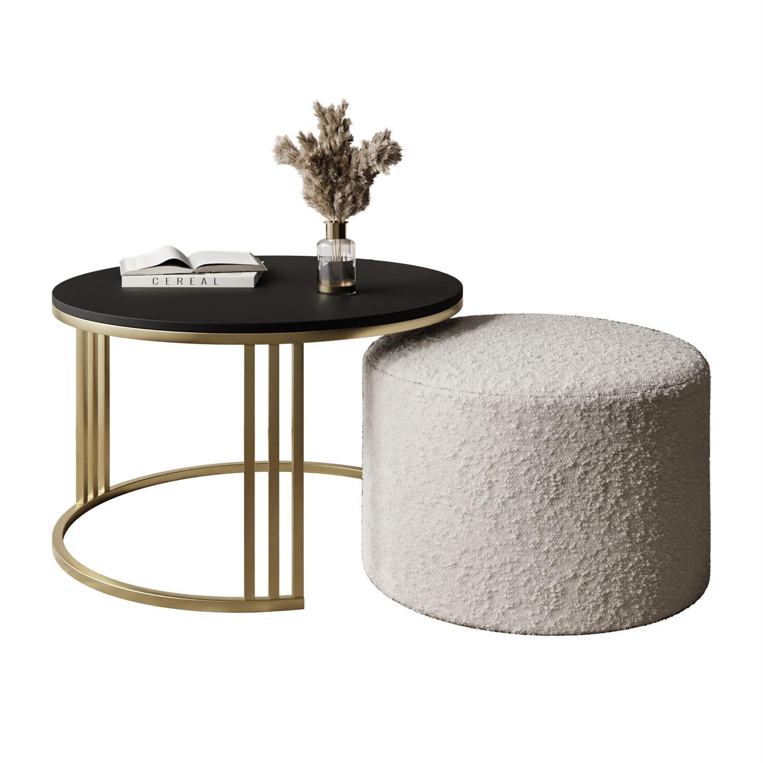 COUCHTISCH mit Hocker LORI MAT gebürstetes Gold/schwarz matt/Coral 65 - Schwarz, Metall (70/70/49cm) - Lookway