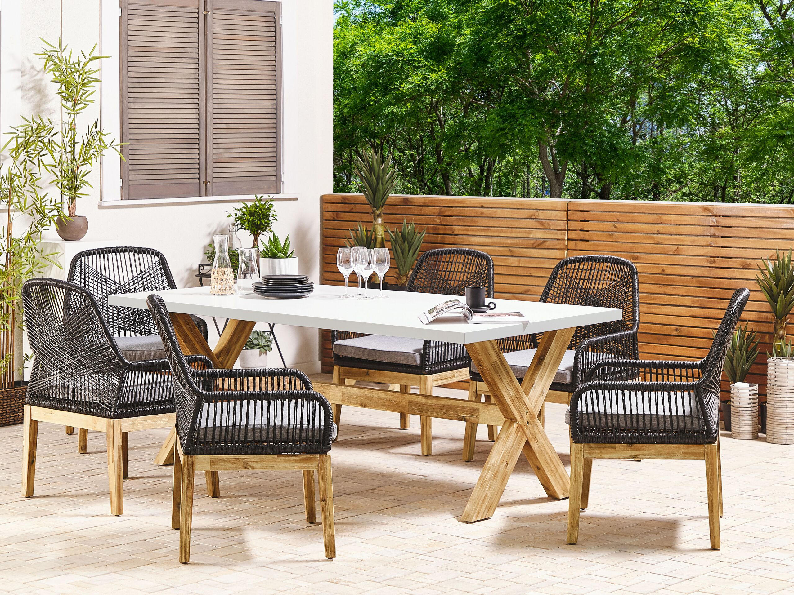 GARTENMÖBEL SET 6-Sitzer Faserzement 200/100 cm weiß/schwarz Olbia - Hellbraun/Schwarz, Stein - Beliani