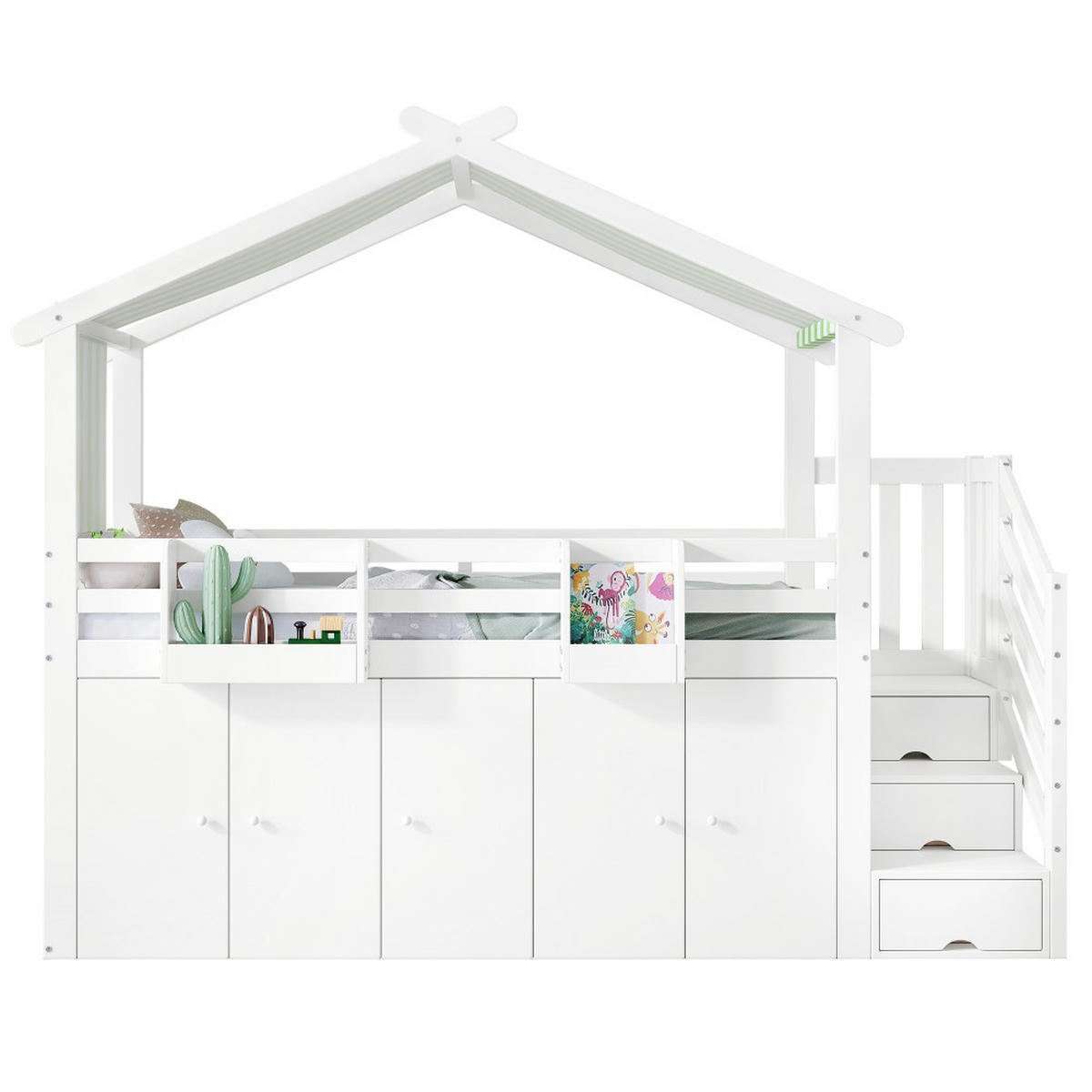 HAUSBETT 90x200cm in Weiß+Grün mit 1 Kleiderschrank und 2 Schließfächer - Weiß, Holz (90/200cm) - KOMHTOM