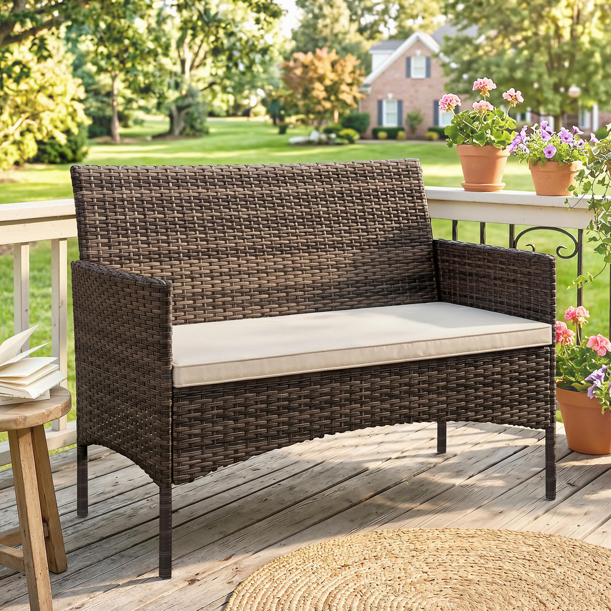 GARTENSOFA DE-06605 2-Sitzer, wetterfest mit Polster & Anti-Rutsch Khaki - Taupe, Kunststoff/Metall (63/85/115cm) - ComfortXL