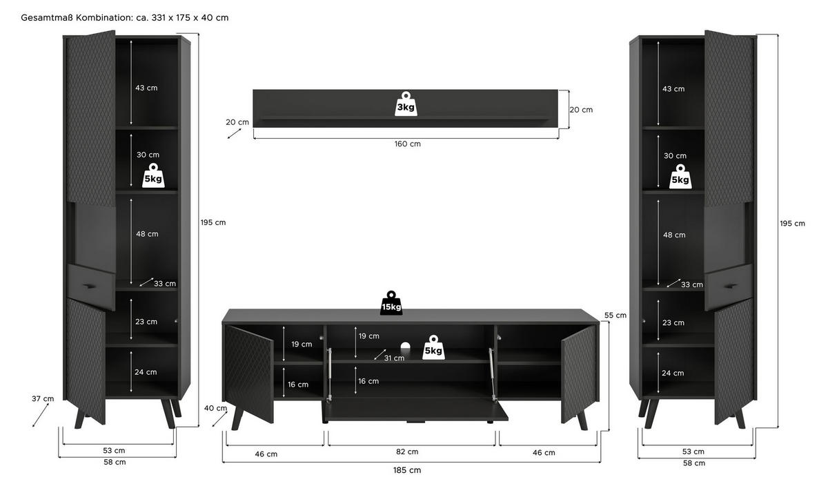 WOHNKOMBINATION LINEA (B/H/T: ca. 331/195/40 cm) in grau/grau matt - Grau, Holzwerkstoff (331/195/40cm)